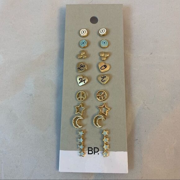 BP. Earrings Set 9 Pair Love Heart Stars Moon Peace Gold Studs Casual Trendy - Picture 1 of 6